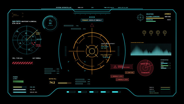 Futuristic Spaceship Cockpit HUD Interface. Sci-fi spaceship cockpit HUD with navigation radar, target lock, weapons status, fuel gauges and warning alerts. Spaceship HUD interface, vector