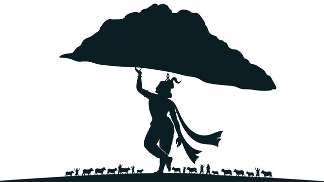 Krishna lifting govardhan hill silhouette vector art illustration with cows and people.