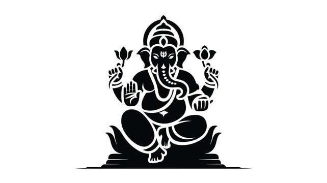 Lord ganesha seated on lotus flower black silhouette vector art illustration on white background.