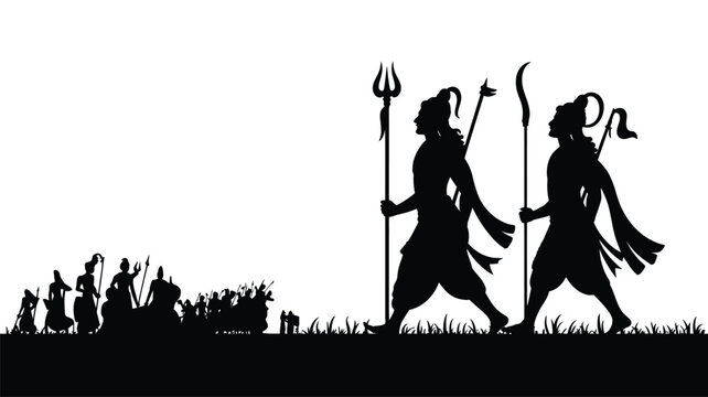 Lord rama and lakshmana silhouettes walking with army vector art illustration.