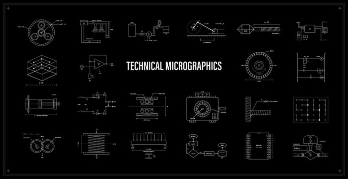 Technical Micrographics Engineering Blueprint Set. Black and white engineering blueprint layout with mechanical diagrams, circuit schematics, flowcharts and industrial micrographic schemes. Vector