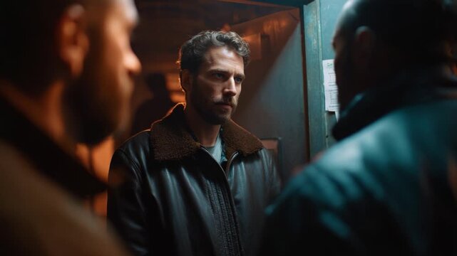 In a dimly lit space, a tense confrontation unfolds as a man, wearing a brown leather jacket, faces two others, highlighting themes of conflict and suspense.