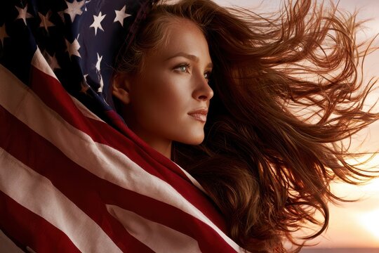 Patriotic young woman with flowing hair wrapped in the American flag against a sunset sky.