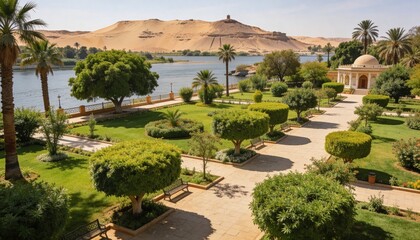 Obraz premium Showing manicured riverside garden featuring paved walkways, benches, topiary, palms and pavilion