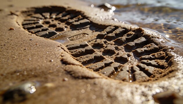Pressing boot tread leaving detailed imprint on wet shoreline sand, with pooled water reflections