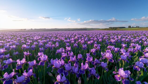 An endless field of elegant purple iris flowers in full bloom, stretching across the landscape to the horizon, thousands of vibrant violet blossoms swaying gently in the breeze beneath a clear blue 