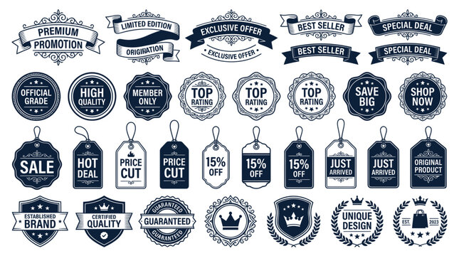 Collection of Retail Sale Badges, Labels, and Ribbons - Vintage Style