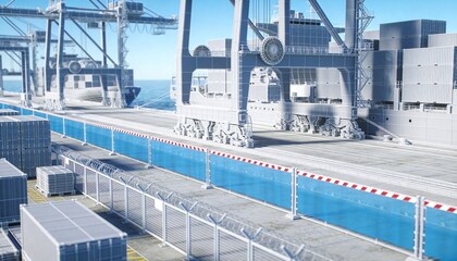 Fototapeta premium Standing large steel gantry crane spanning quay, with stacked containers and container ship