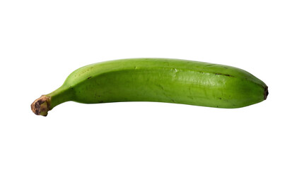 Single Green Plantain on White Background, Unripe Tropical Fruit with Thick Peel, Distinct Appearance from Banana, Nutritious Ingredient for Cooking and Traditional Cuisine © ADOBENEX