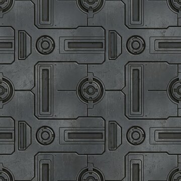 High-resolution seamless pattern of distressed dark metal panels with abstract geometric sci-fi designs, ideal for futuristic, industrial, or game backgrounds.