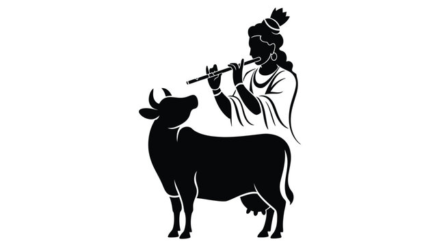 Hindu deity playing flute for a cow in black and white silhouette design.