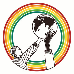 Fototapeta premium Global Unity and Sustainability Illustration Featuring Hands Holding the Earth Within a Circular Rainbow Frame for Corporate Social Responsibility and Environmental Conservation Themes