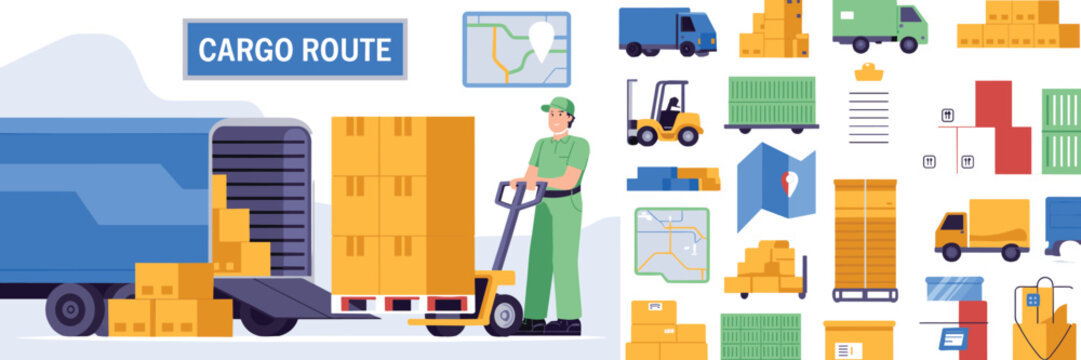 Logistics delivery courier loading boxes into cargo truck with pallet jack and transport icon set vector