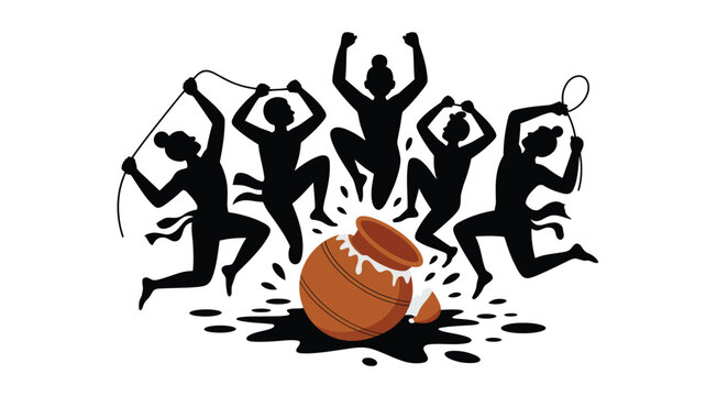 Dynamic silhouettes jumping for dahi handi tradition with broken pot and milk splashing.