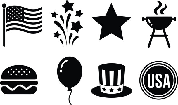 USA independence day black solid icon set with flag fireworks barbecue burger balloon and uncle sam hat vector