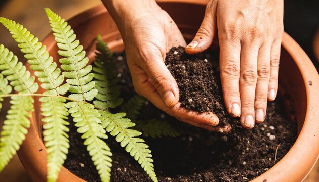 Pressing adult bare hands shaping potting soil with perlite on tabletop, with terracotta pot, fern