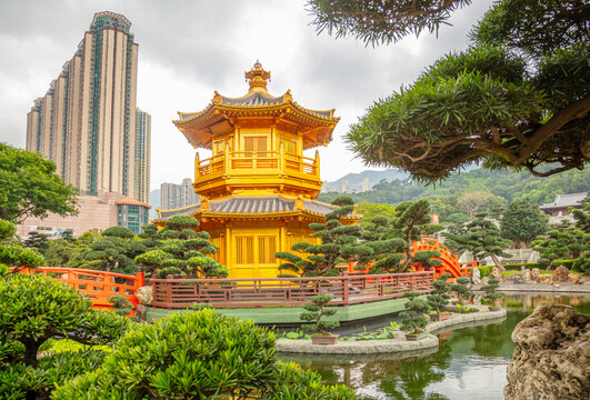Golden Pavilion in Nan Lian Garden and Skyscrapers in Hong Kong City