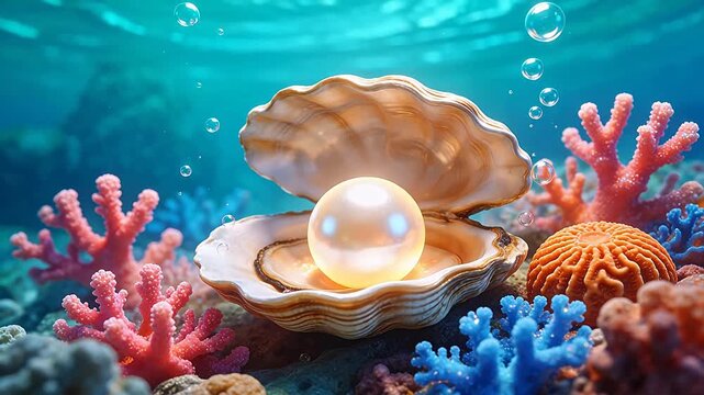 Pearl in shell surrounded by coral