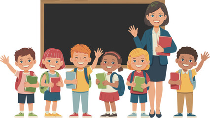 Happy smiling multiethnic school children and teacher holding books waving hands in front of empty blackboard vector © Yesrath Hasan Sobuj