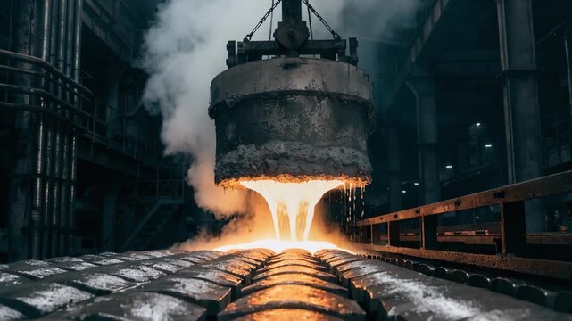 Continuous pour induction melting furnace in action showing steady molten steel flow for cutlery blanks production with focus on emission reduction and operational consistency