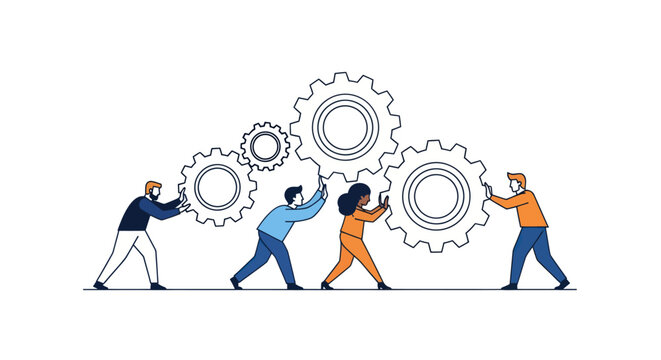 Teamwork Pushing Gears Vector Illustration