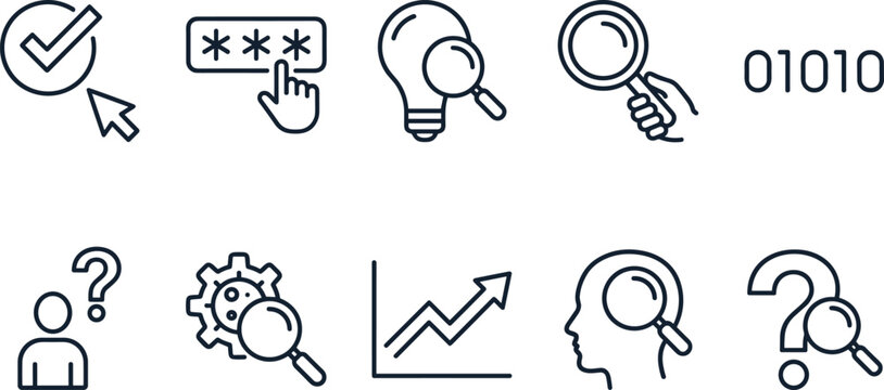 Digital security and analytical research line icon set featuring data password and human brain investigation.