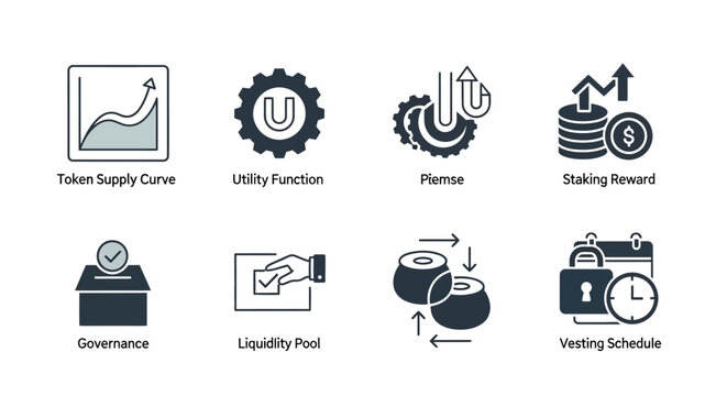 Cryptocurrency Icons: Token Supply, Utility, Pfc, Staking, Governance, Liquidity, Vesting