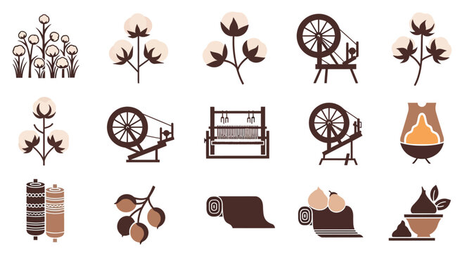 Cotton Harvest to Fabric Production Icons: From Plant to Textile Manufacturing