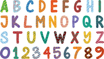 Hand drawn colorful alphabet letters and numbers set with cute doodle patterns. Creative childish font vector clipart from A to Z and 0 to 9 for kids design, school projects, and scrapbooking. © Rakibul