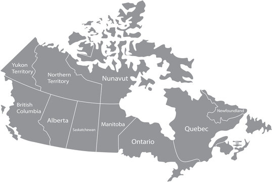 Grey map of canada with provinces and territories labeled isolated on transparent background