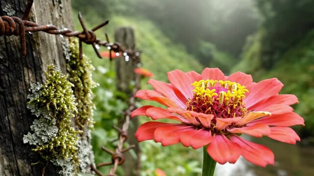 Barbed wire with flower featuring a coral zinnia bloom near a mossy wooden post and rusty fence, lush green valley blur, vivid nature contrast, healing, resistance, and quiet freedom symbolism