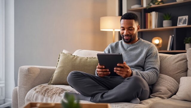 Generative AI, smiling person sitting cross legged on sofa with tablet