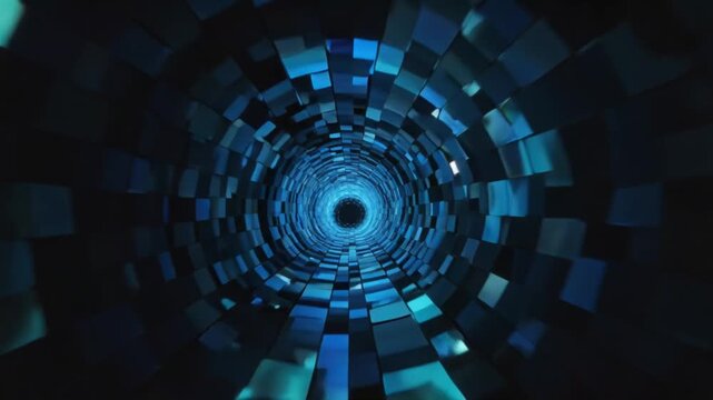 blue block tunnel composed of glowing geometric segments and dynamic cool neon accents, pulsating with rhythmic energy