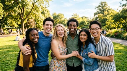 Fototapeta premium A joyful group of friends happily smiling together, enjoying the warm sun on a beautiful day - Professional Business Workplace, Corporate Productivity, Modern Office Lifestyle Commercial Stock Photo