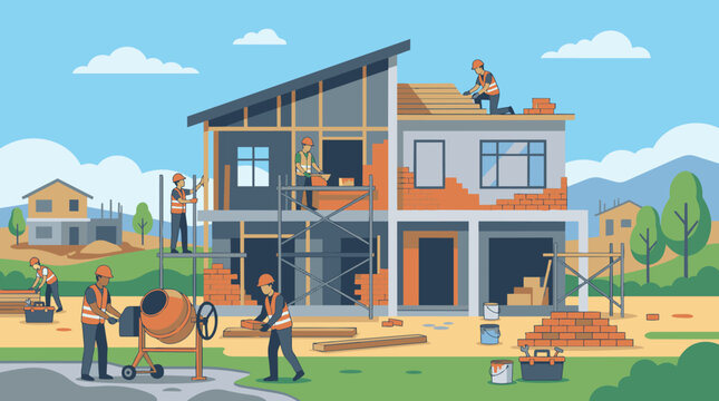 Two story house under construction with workers and heavy machinery on site showing scaffolding lumber and building materials arranged around the framework