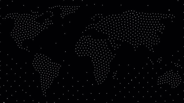 Digital world map particle explosion with glowing white dots blinking on black background animation loop