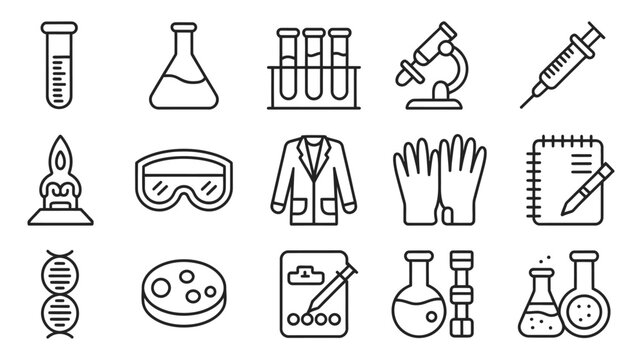 Minimalist Laboratory Equipment Science Research Line Icon Set with microscope beaker flask test tubes DNA helix lab coat safety goggles bunsen burner outline icons design