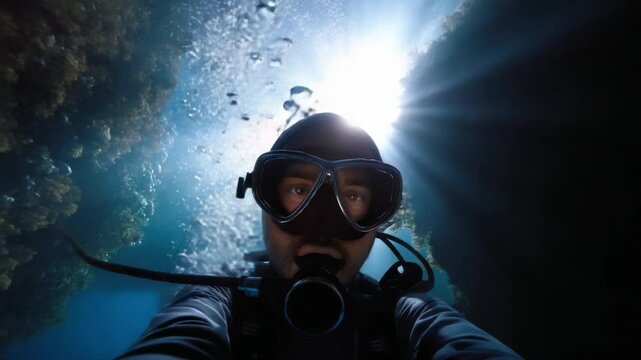 Underwater Exploration: A Diver Captures the Beauty of the Ocean's Depths with Sunlight Filtering Through Water, Creating a Dreamy Atmosphere of Serenity