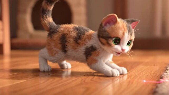 Cute calico kitten playfully chasing laser pointer dot on wooden floor