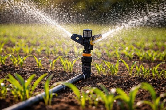 Aspersor de riego rociando gotas de agua sobre cultivos j&oacute;venes