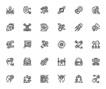 Artificial Intelligence icon set. Minimal line vector icons pack. Featuring hologram, Turing, CPU, brain, invention, drone, AI and more. Editable stroke.