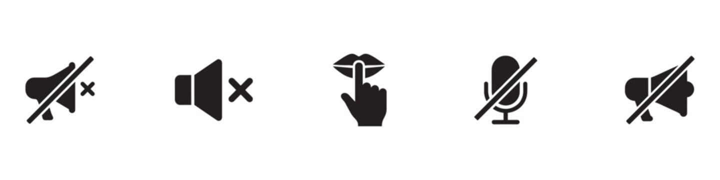 Mute and silence icon set. No sound, microphone off, be quiet finger on lips, and speaker turned off symbols. Vector illustration.