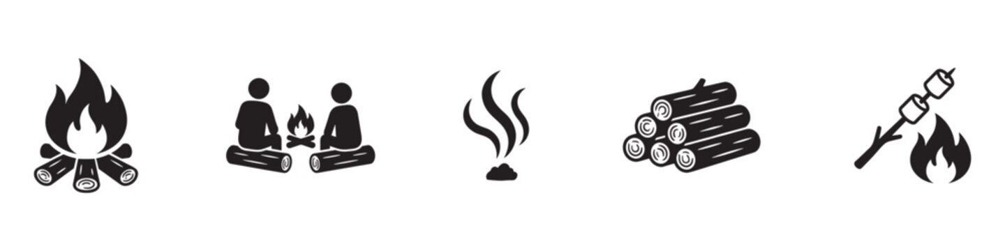 Bonfire and camping icon set. Campfire, people sitting by fire, smoke, firewood logs and marshmallow on stick symbols. Vector illustration.