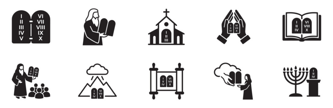Ten Commandments and biblical history icon set. Prophet Moses, stone tablets, Christian church, Torah scroll, menorah, and praying hands symbols. Vector illustration.
