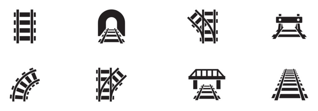 Railway tracks and railroad infrastructure icon set. Train rails, tunnel, switch, dead end, curved track, and bridge symbols. Vector illustration.