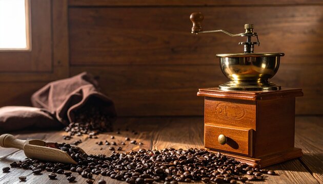 Vintage wooden coffee grinder beside burlap sack spilling roasted beans, rustic table and warm tones evoke traditional craftsmanship, aromatic heritage, and timeless kitchen charm.