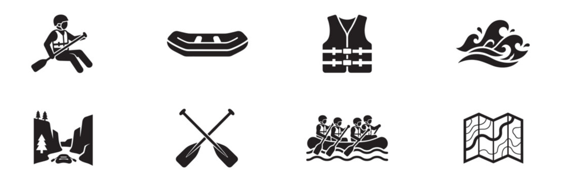 Rafting, kayaking and water extreme sports icon set. Inflatable boat, oars, life vest, river rapids wave, mountain canyon, and map symbols. Vector illustration.
