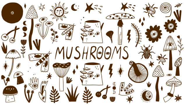 Whimsical Woodland Wonders A Hand-Drawn Collection of Mystical Mushrooms, Celestial Symbols, and Enchanting Forest Elements