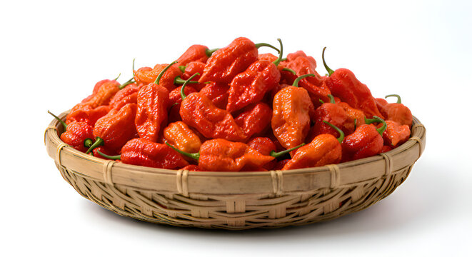 commercial food photography of bright red ghost peppers overflowing from a rustic woven bamboo basket