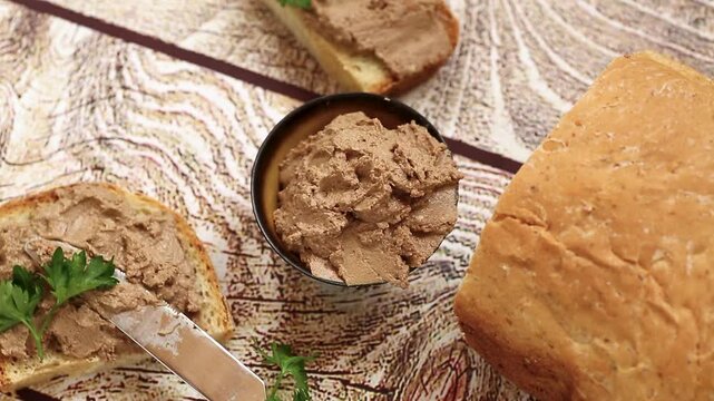 Homemade liver pate sandwiches on rustic wooden background